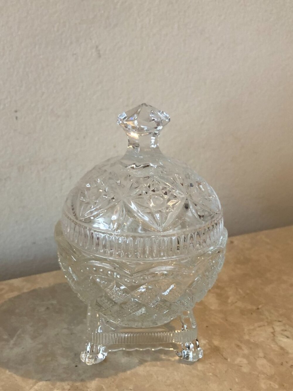 Vintage Cut Glass Footed Candy Dish or Jewelry Valet Tray holder w/ lidded Top